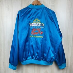Vintage Aristo Jac Westward-Ho Casino Las Vegas Teal Blue Satin Bomber Jacket XL